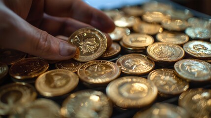 Wall Mural - A hand is reaching into a pile of gold coins