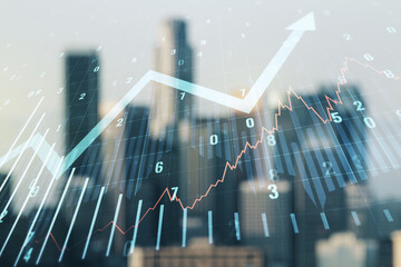Poster - Multi exposure of virtual abstract financial graph and upward arrow on blurry skyscrapers background, financial and trading concept