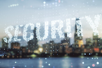 Poster - Virtual creative lock symbol and microcircuit illustration on blurry skyline background. Protection and firewall concept. Multiexposure