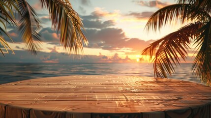 Wall Mural - Empty Round Wooden Table on Tropical Beach at Sunset, Relaxation, Vacation, Ocean View