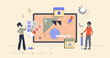 Digital design and visual material drawing neubrutalism tiny person concept. Website layout, interface or corporate style creation with geometric figures, fonts, color and shapes vector illustration.