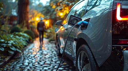 Wall Mural - Alternative energy concept.Close up of the Hybrid car electric charger station with power supply plugged into an electric car being charged