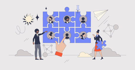 Wall Mural - Networking as making business connections neubrutalism tiny person concept. Corporate relationship strategy with effective communication and productive employee work structure vector illustration.