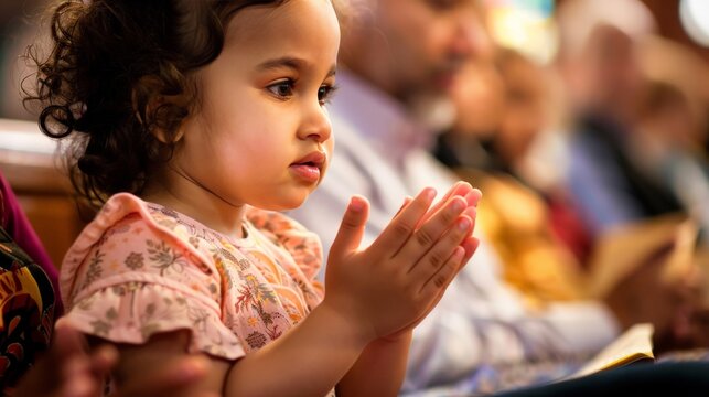 A young child learning to pray in church, their small hands mimicking the folded hands of their parent over the sacred text.