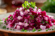 Swedish classic beet salad with herring, selective focus