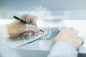 Aufkleber - Abstract creative fingerprint concept with hand writing in notebook on background with laptop. Multiexposure