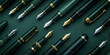 Group of elegant green and gold fountain pens on a vibrant green surface against a sleek black background