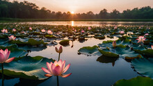 Beautiful Pink Lotus Flower Close Up In Pond At Red Lotus Lake, Udonthani
