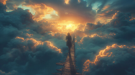 Wall Mural - man walks along the road against the background of clouds at a height