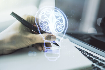 Aufkleber - Creative idea concept with light bulb and human brain illustration and with hand writing in notebook on background with laptop. Neural networks and machine learning concept. Multiexposure