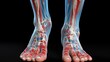 3D illustration of the human foot, detailing bones, joints, and muscles, used in podiatry and sports medicine