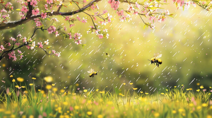 Wall Mural - A field filled with colorful flowers while rain falls, with a tree standing tall in the background
