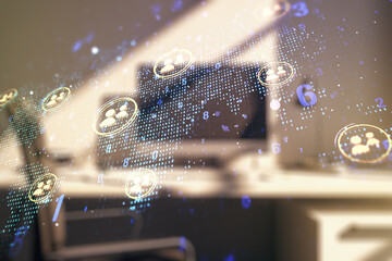 Aufkleber - Double exposure of social network icons concept with world map and modern desk with computer on background. Networking concept