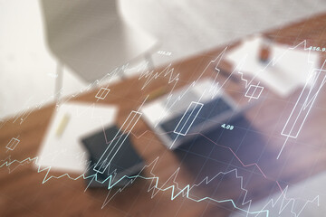 Poster - Multi exposure of abstract financial diagram and modern desk with computer on background, banking and accounting concept