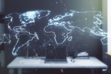 Aufkleber - Double exposure of abstract digital world map and modern desktop with laptop on background, research and strategy concept