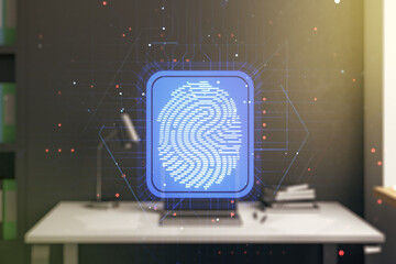 Aufkleber - Double exposure of abstract creative fingerprint hologram and modern desk with computer on background, protection of personal information concept