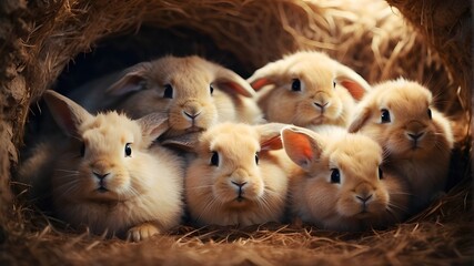 Sticker - A group of fluffy bunnies cuddled together in a cozy burrow