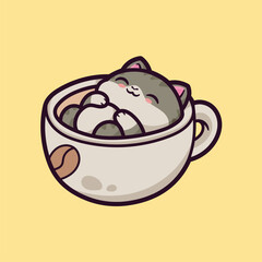 Poster - Vector Cute Cartoon Illustration of Cat and Cup