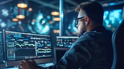 Poster - Data Analyst Working Late in High-Tech Office