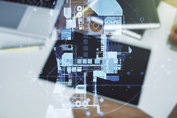 Poster - Double exposure of creative artificial Intelligence symbol and digital tablet on background, top view. Neural networks and machine learning concept