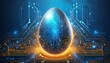 Digital Innovation: Glowing Abstract 3D Egg with Circuit Board Texture in Futuristic Greeting Card