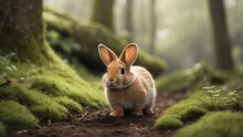 A Tiny Bunny With Floppy Ears Exploring A Mossy Woodland Path