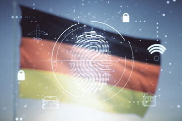 Aufkleber - Abstract virtual fingerprint illustration on German flag and sunset sky background, personal biometric data concept. Multiexposure