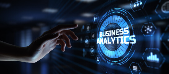 Wall Mural - Business analytics BI Intelligence concept. Hand pressing button on virtual screen.