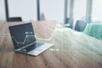 Poster - Multi exposure of abstract statistics data hologram interface on computer background, computing and analytics concept