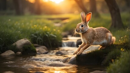 Wall Mural - A graceful rabbit gracefully leaping over a babbling brook at sunset