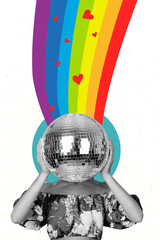 Poster - Trend artwork composite photo collage of young lady incognito person headless wear disco ball hold in hand dance rainbow lgbt heart love