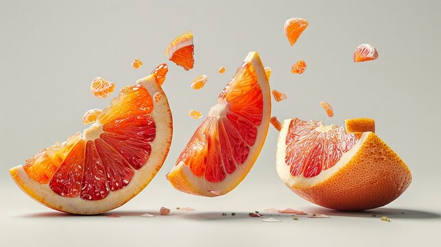 three slices of blood orange suspended in mid air with pieces of orange peel and pulp exploding out 
