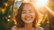 Captivating Portrait of a Radiant Asian Woman Basking in Warm Sunlight,Exuding Joy and Positivity