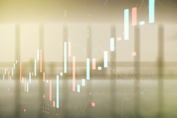 Aufkleber - Multi exposure of abstract virtual financial graph hologram on empty corporate office background, forex and investment concept