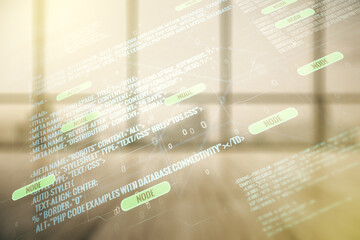 Aufkleber - Abstract virtual coding concept on empty corporate office background. Multiexposure