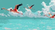 Flamingos Flying Over Turquoise Lagoon In Colorful Aesthetic Illustration