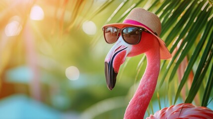 Poster - Bright pink flamingo in sunglasses with a hat on a bright blurred background, concept of summer holidays, tourism, banner with copyspace
