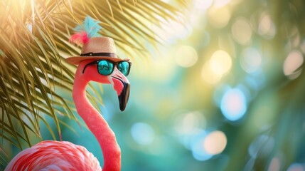 Poster - Bright pink flamingo in sunglasses with a hat on a bright blurred background, concept of summer holidays, tourism, banner with copyspace
