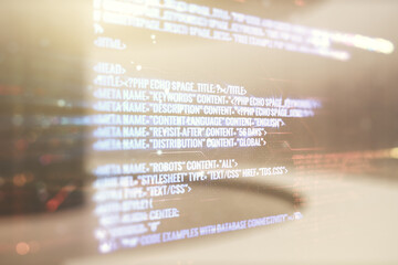 Aufkleber - Multi exposure of abstract software development hologram on empty modern office background, research and analytics concept
