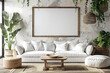 Mockup poster frame 3d render in a coastal chic living room with relaxed beachy vibes and light, airy colors, hyperrealistic