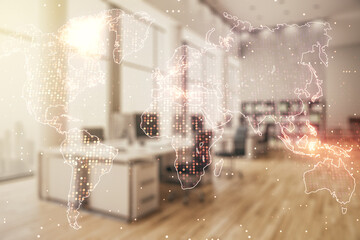 Aufkleber - Multi exposure of abstract graphic world map hologram on a modern furnished office interior background, connection and communication concept