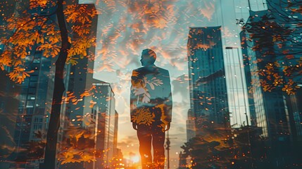 Sticker - Man walking on green city street wearing suit at sunset with forest nature overlay on skyscrapers