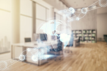 Poster - Abstract virtual robotics technology sketch with globe on a modern furnished office interior background, future technology and AI concept. Double exposure