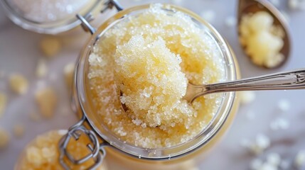 Wall Mural - Luxurious Natural Sugar Scrub in Glass Jar with Wooden Spoon Showcasing Exfoliating Crystals for Spa Like Skincare Indulgence