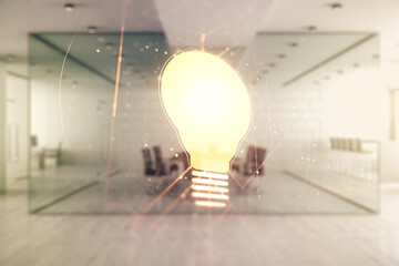 Poster - Double exposure of creative light bulb hologram on modern corporate office background, research and development concept