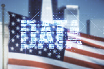 Poster - Data word hologram on USA flag and blurry skyscrapers background, big data and blockchain concept. Multiexposure