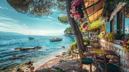 Authentic atmospheric cafe on the shore of the French Riviera under green trees overlooking clear blue water, colorful flowers in the background