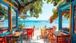 Cozy cafe on the beach with colored wooden window frames, tables and chairs under green trees overlooking clear blue water, colorful flowers on the background of the picture