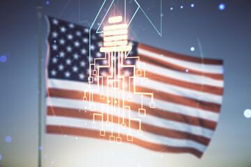 Poster - Virtual creative idea concept with light bulb and microcircuit illustration on USA flag and sunset sky background. Neural networks and machine learning concept. Multiexposure