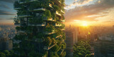 Fototapeta Przestrzenne - green building with balconies full of greenery overlooking the city at sunset.ecofriendly building design, urban landscape, green environment